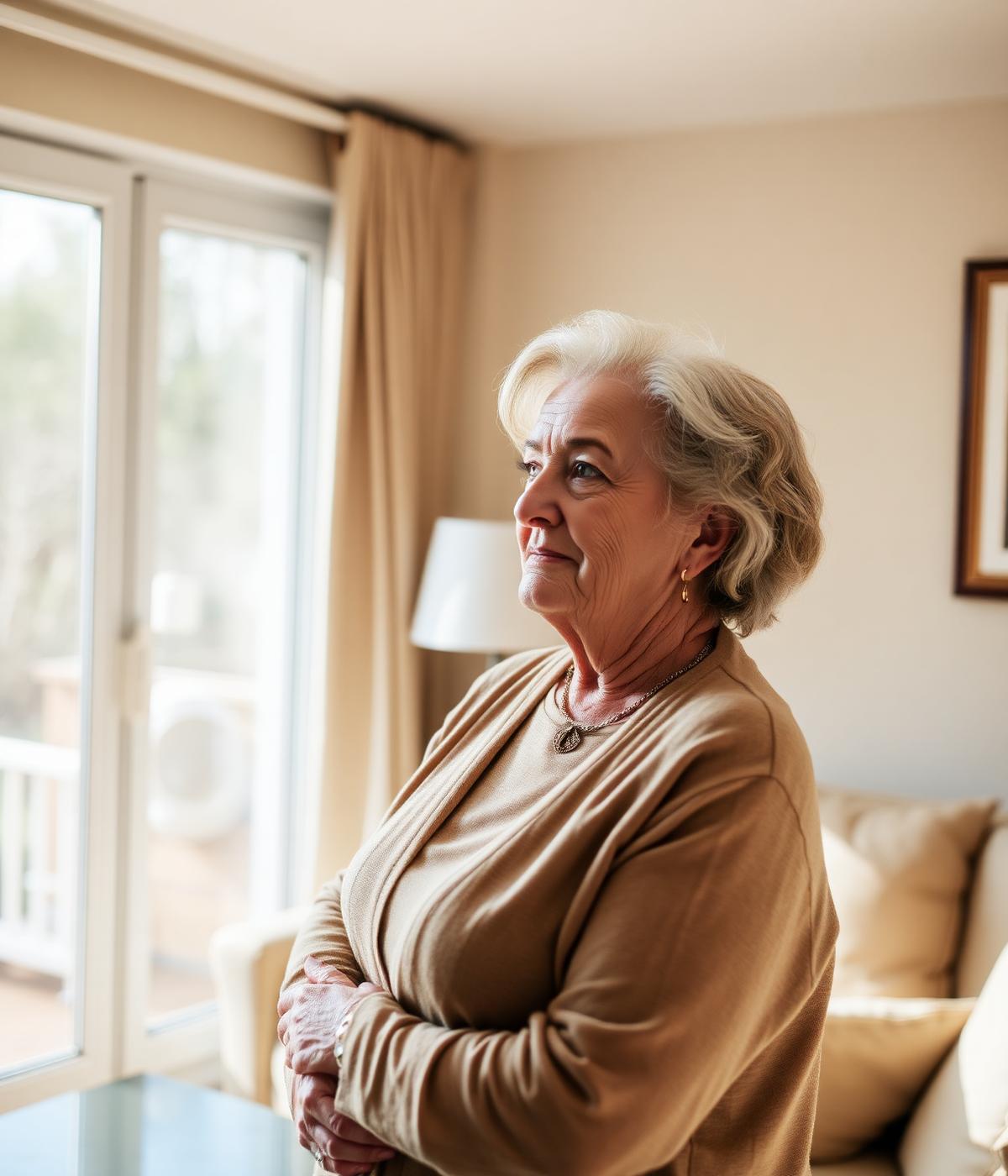 An elderly woman looking out a sunlit window