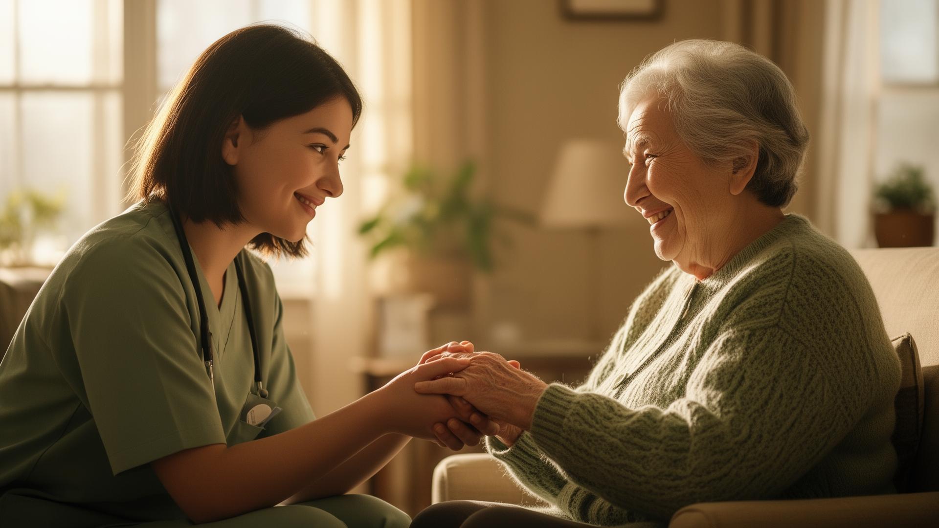 A caregiver holding the hands of a smiling elderly woman in her home